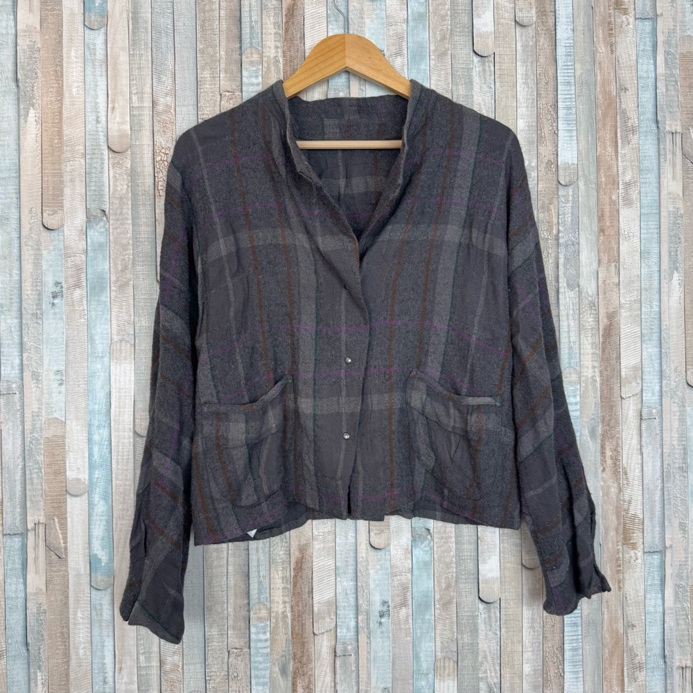 Babette SF S Plaid Wool Flannel Snap Front Jacket Drapey Boho Lagenlook Gray